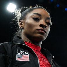 Simone Biles arrives to compete in the artistic gymnastics women's vault final during the Paris 2024 Olympic Games at the Bercy Arena in Paris, on August 3, 2024.