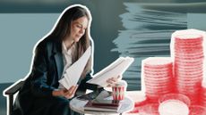 Woman looking at investments and inheritance paperwork alongside money graphic