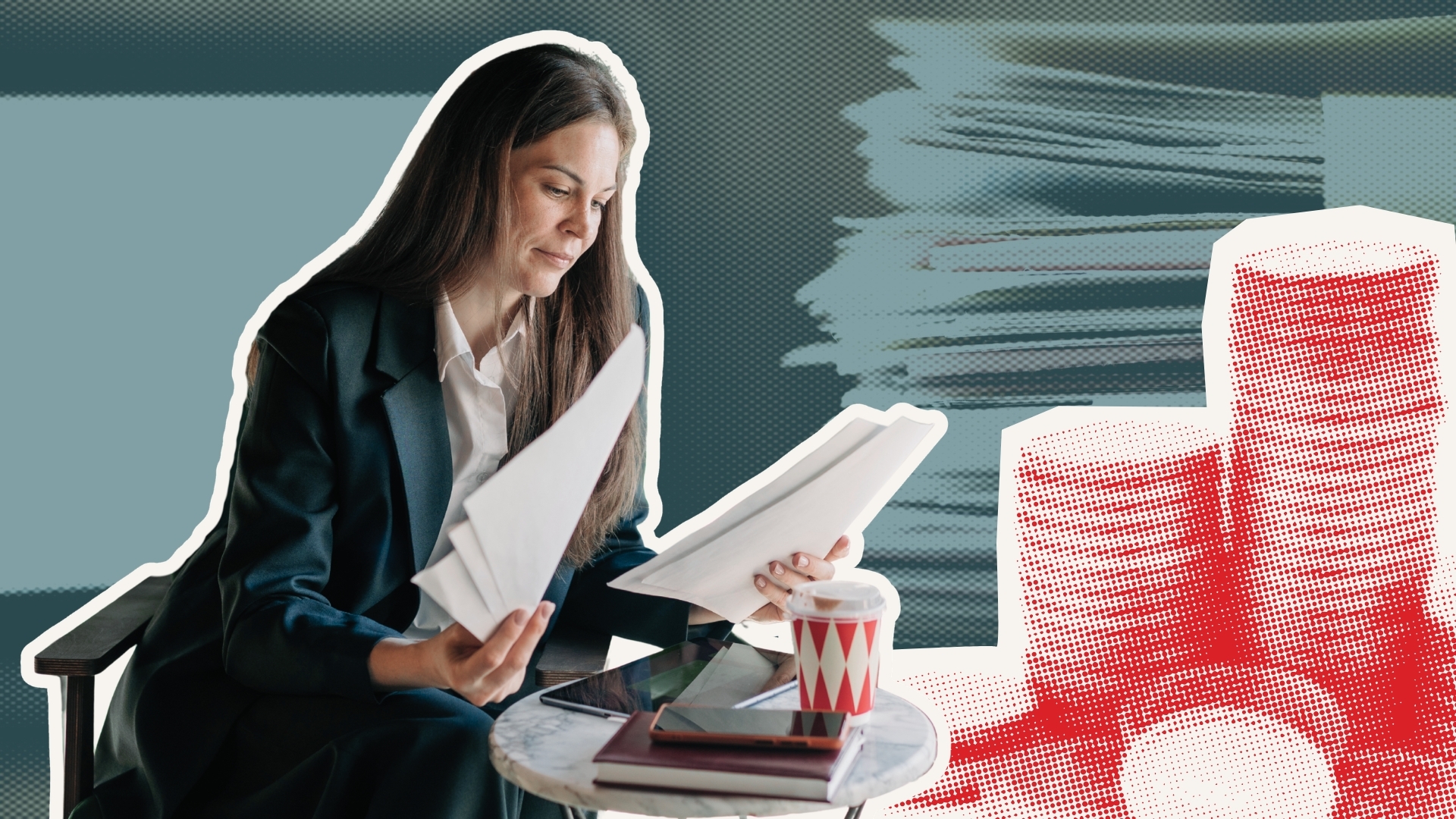 Woman looking at investments and inheritance paperwork alongside money graphic