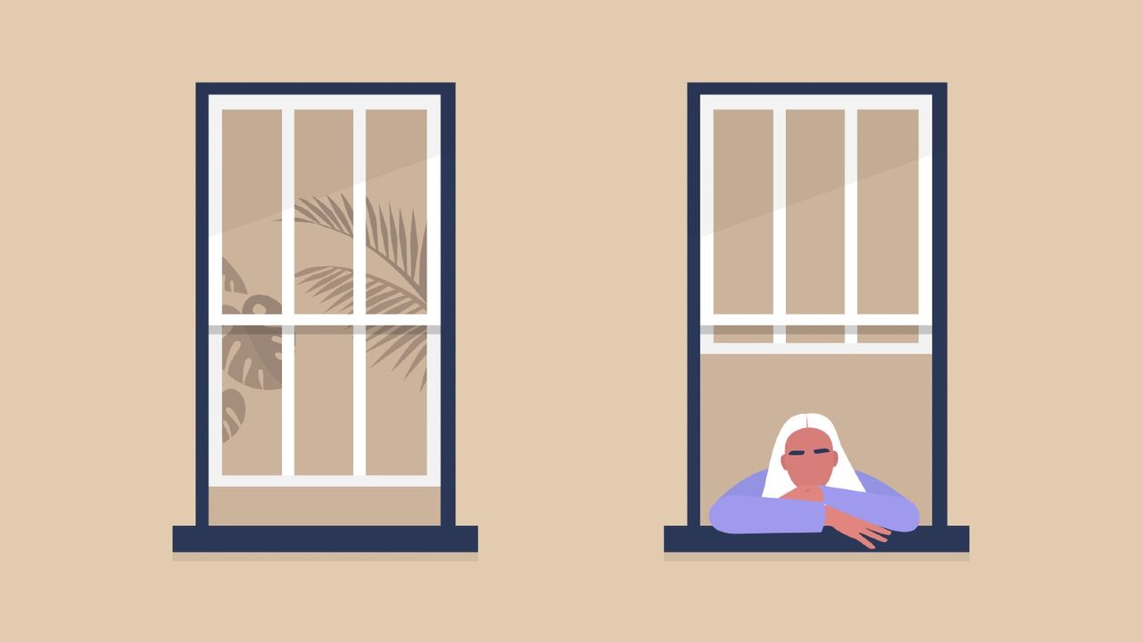 female character looking out the window, self-isolation and boredom, quarantine