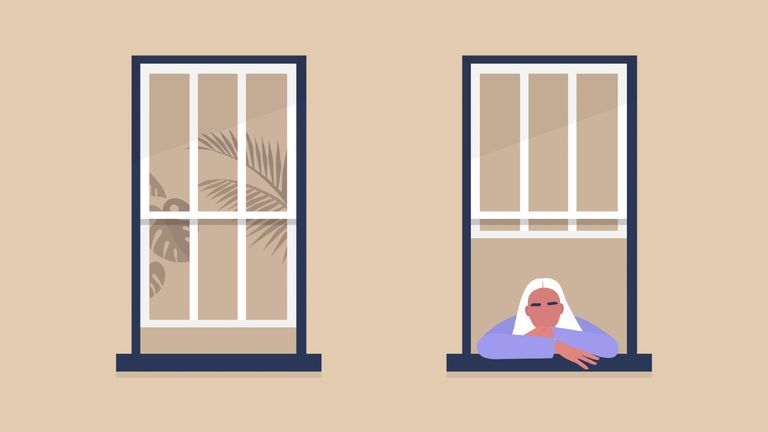 female character looking out the window, self-isolation and boredom, quarantine