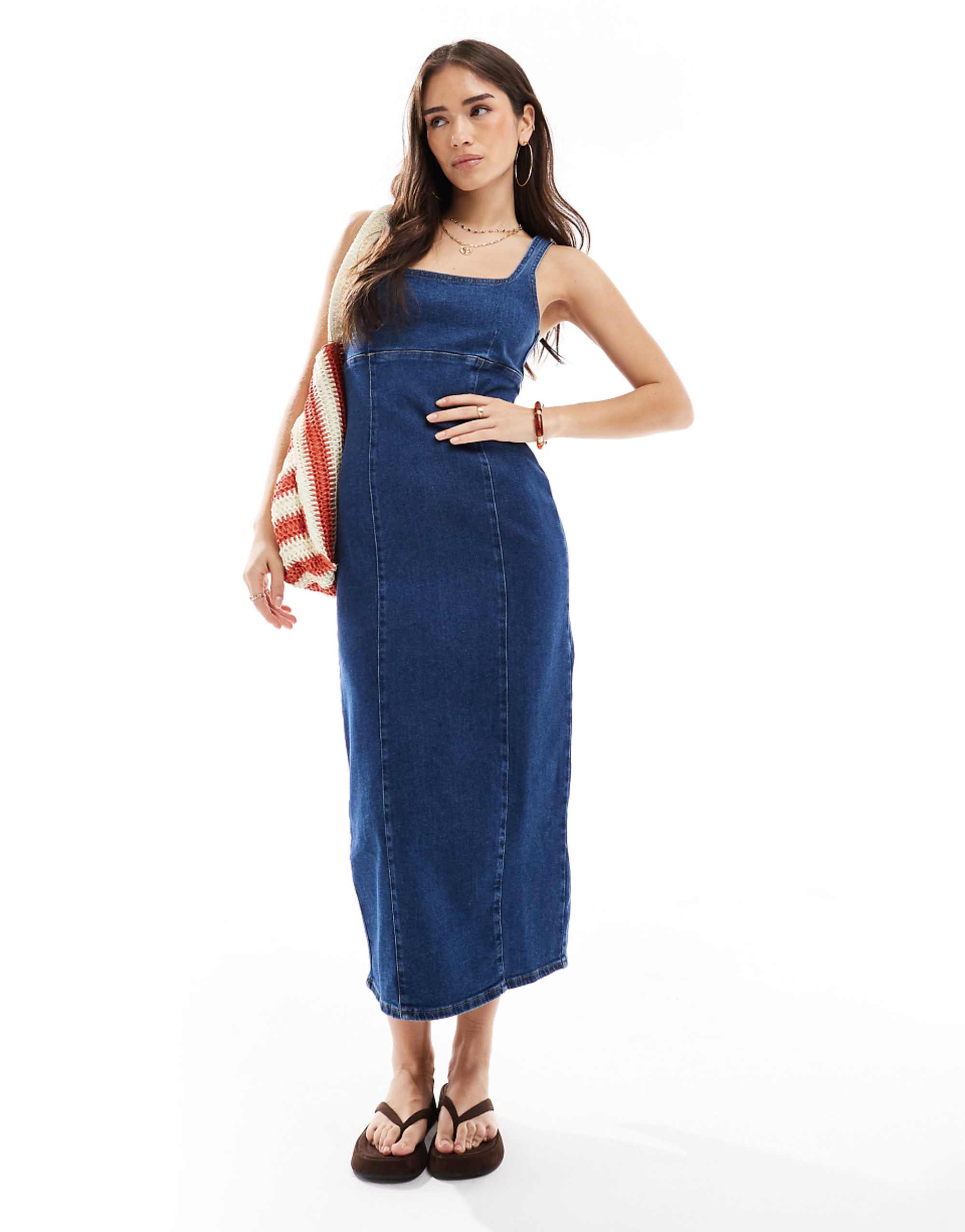 ASOS Design Bodycon denim denim midi dress with square neck in indigo