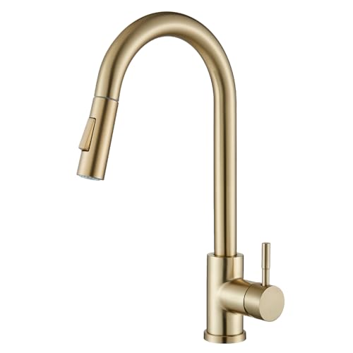 Suguword Kitchen Sink Mixer Tap With Pull Out 360° Swivel Spout 2 Water Modes High Arc Single Lever Brass Bathroom Mixer Tap, Brushed Gold