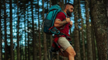 A strong-looking man on a hike