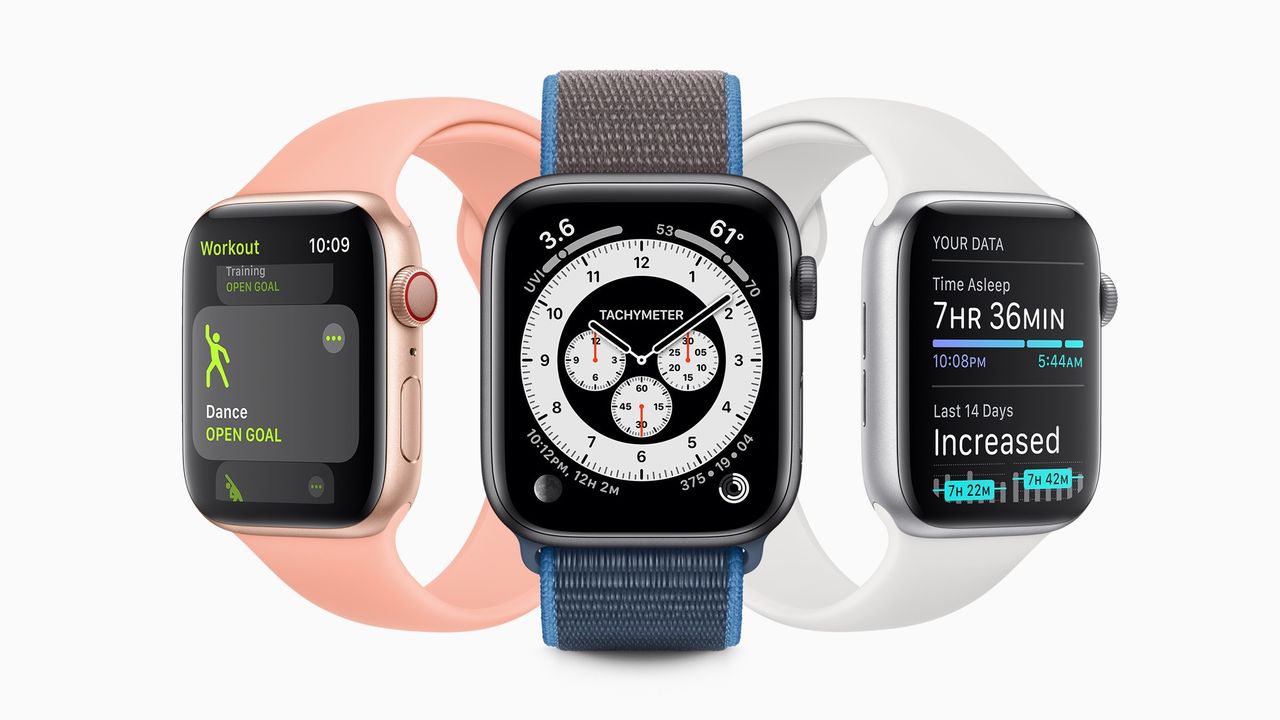 three apple watches showing different features 