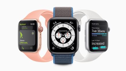 three apple watches showing different features 