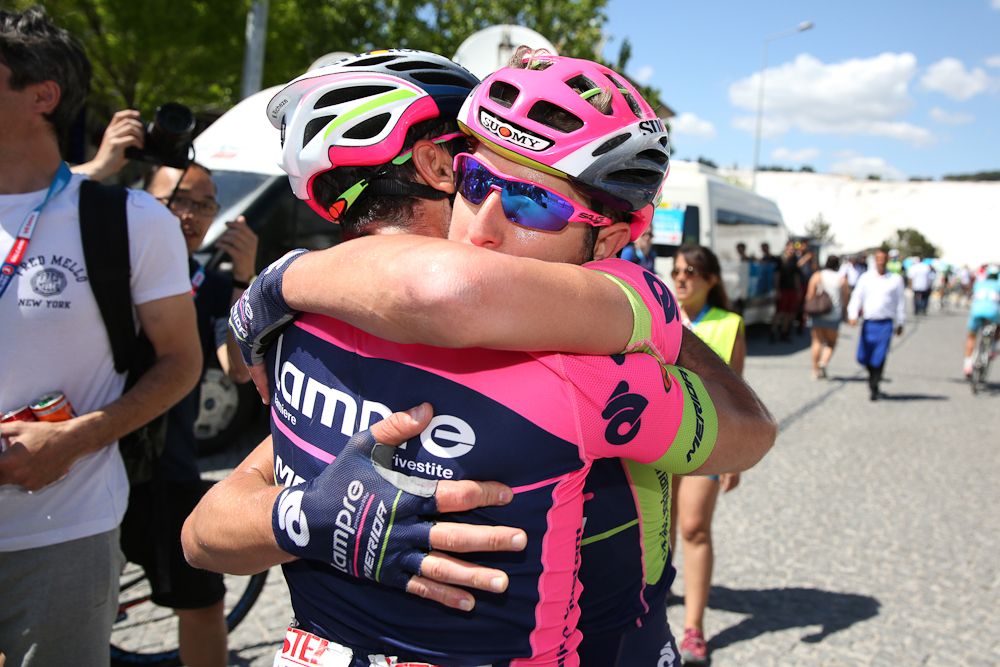 Modolo is congratulated by a Lampre-Merida teammate.