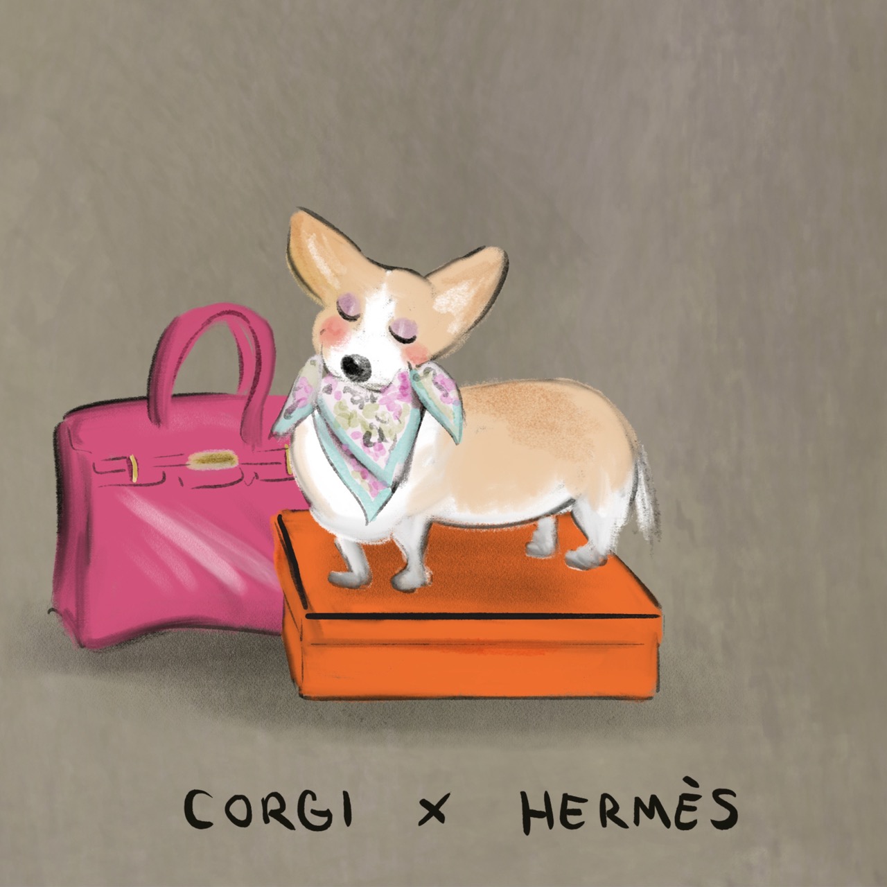 A series of twelve illustrated animals styled as luxury fashion designers: an Afghan hound in a slouchy blush Chlo&amp;eacute; coat; an Airedale Terrier in a navy Ralph Lauren sweater on a tartan blanket; a beagle carrying a classic Louis Vuitton handbag while wearing a monogrammed scarf; an English bulldog in a chunky cream Connolly jumper with green gloves beside it; a Birman cat in a pink Chanel jacket layered with pearls; a corgi standing proudly on an orange Herm&amp;egrave;s box with a silk scarf and pink Birkin-style bag; a long-haired dachshund in a soft cream Brunello Cucinelli cardigan; a Dalmatian posing in a dramatic Dior hat with a veil and a black umbrella; a fox red Labrador wearing a Burberry check headscarf; a poodle strutting in oversized Celine sunglasses and a gold medallion necklace; a Springer spaniel wrapped in an oversized green Barbour jacket beside wellington boots; and a Weimaraner in a sleek black Giorgio Armani turtleneck and dark sunglasses.