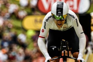 Michal Kwiatkowski (Team Sky) moves into the hotseat during stage 20 time trial at the Tour de France