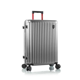 A silver Heys SmartLuggage suitcase with red expandable handle halfway up