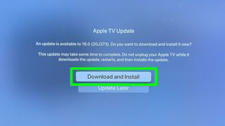 the tvOS 16 setup process with Download and Install highlighted