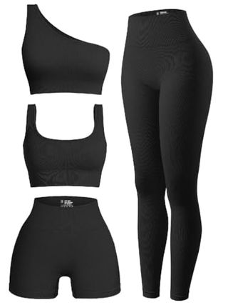 Oqq Women's 4 Piece Outfits Ribbed Exercise Scoop Neck Sports Bra One Shoulder Tops High Waist Shorts Leggings Active Set Black