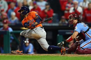 ose Altuve #27 of the Houston Astros at bat against the Philadelphia Phillies during the ninth inning in Game Five of the 2022 World Series at Citizens Bank Park on November 03, 2022 in Philadelphia, Pennsylvania