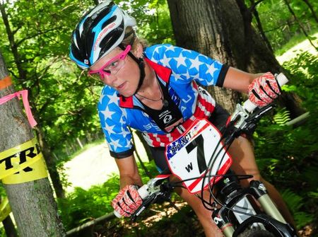 U.S. Champion Heather Irmiger (Subaru-Trek) riding in third place on the fourth lap.