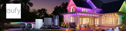 Eufy Logo placed over an image of a house with colourful LED lights and camera equipment