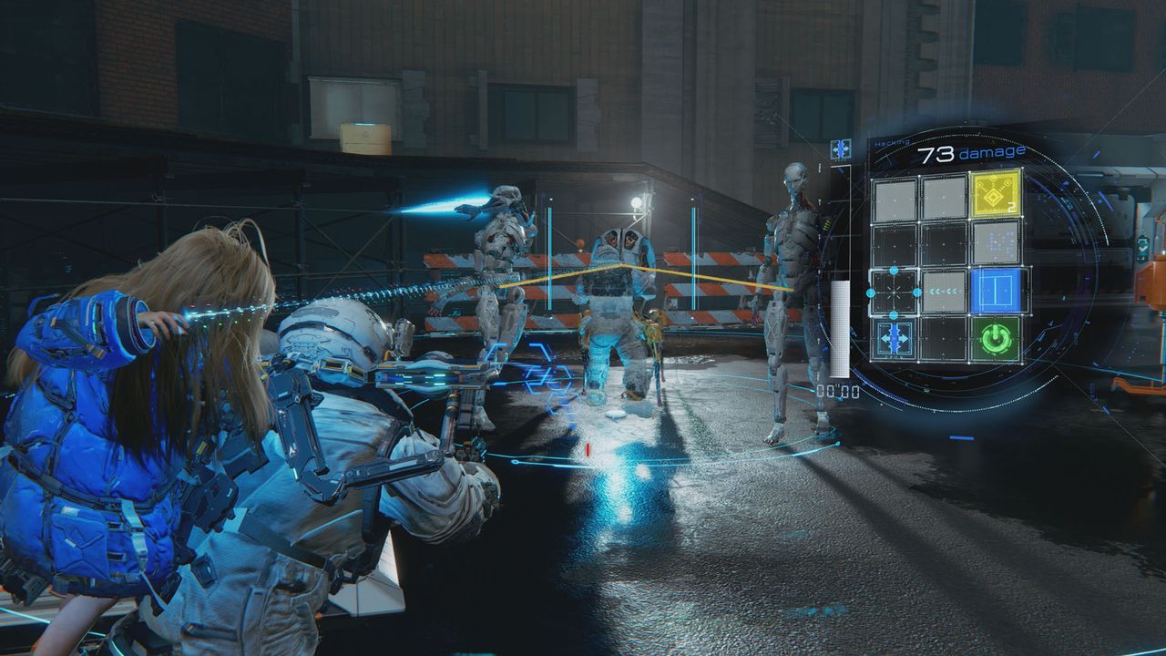 Hugh aims at a humanoid robot in Pragmata as Diana links to it with a beam of energy, displaying a block-based hacking puzzle next to it