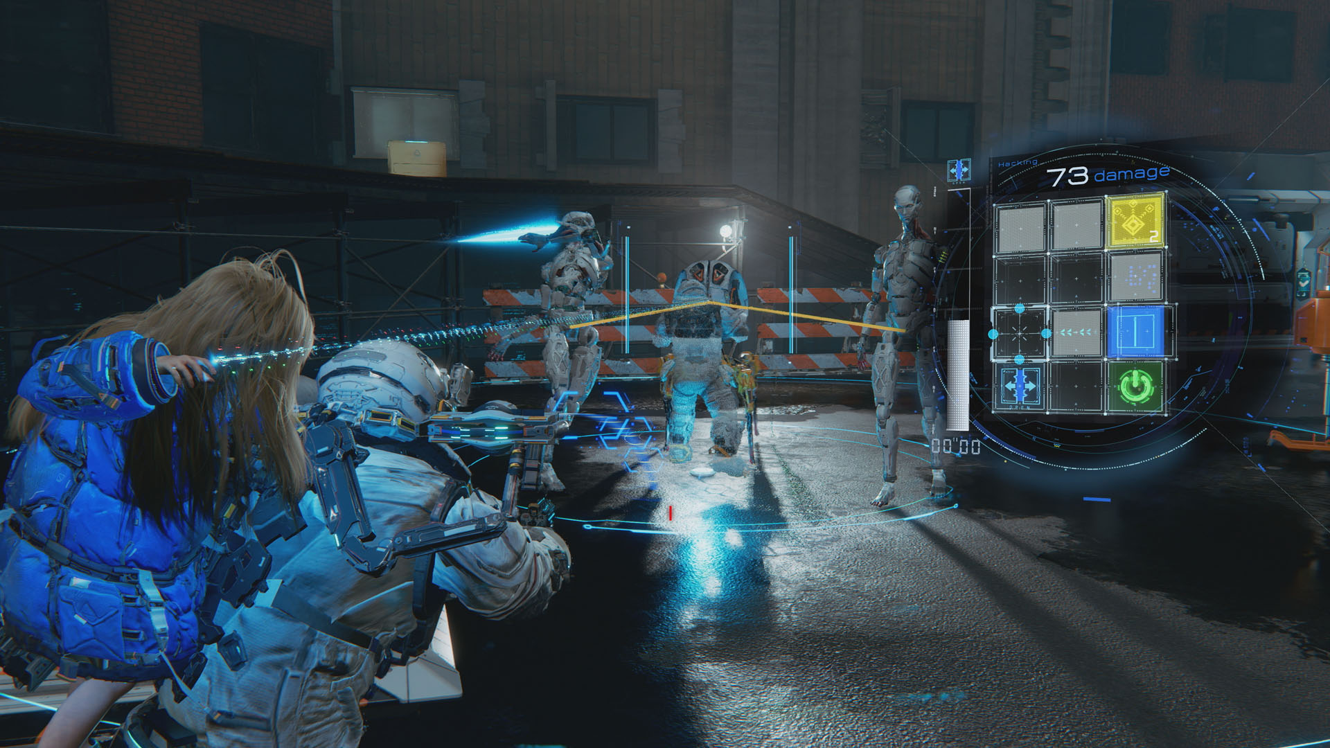 Hugh aims at a humanoid robot in Pragmata as Diana links to it with a beam of energy, displaying a block-based hacking puzzle next to it