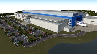 A wide view of the artist's rendition of Blue Origin's new Florida facility, where the company plans to manufacture and test orbital rockets.