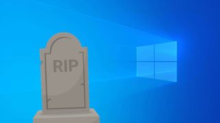 The default Windows 10 desktop wallpaper with a stock image of a gravestone in front of it.