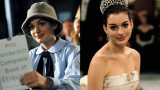 anne hathaway wearing a hat after she gets made over and as princess mia in a tiara in The Princess Diaries'