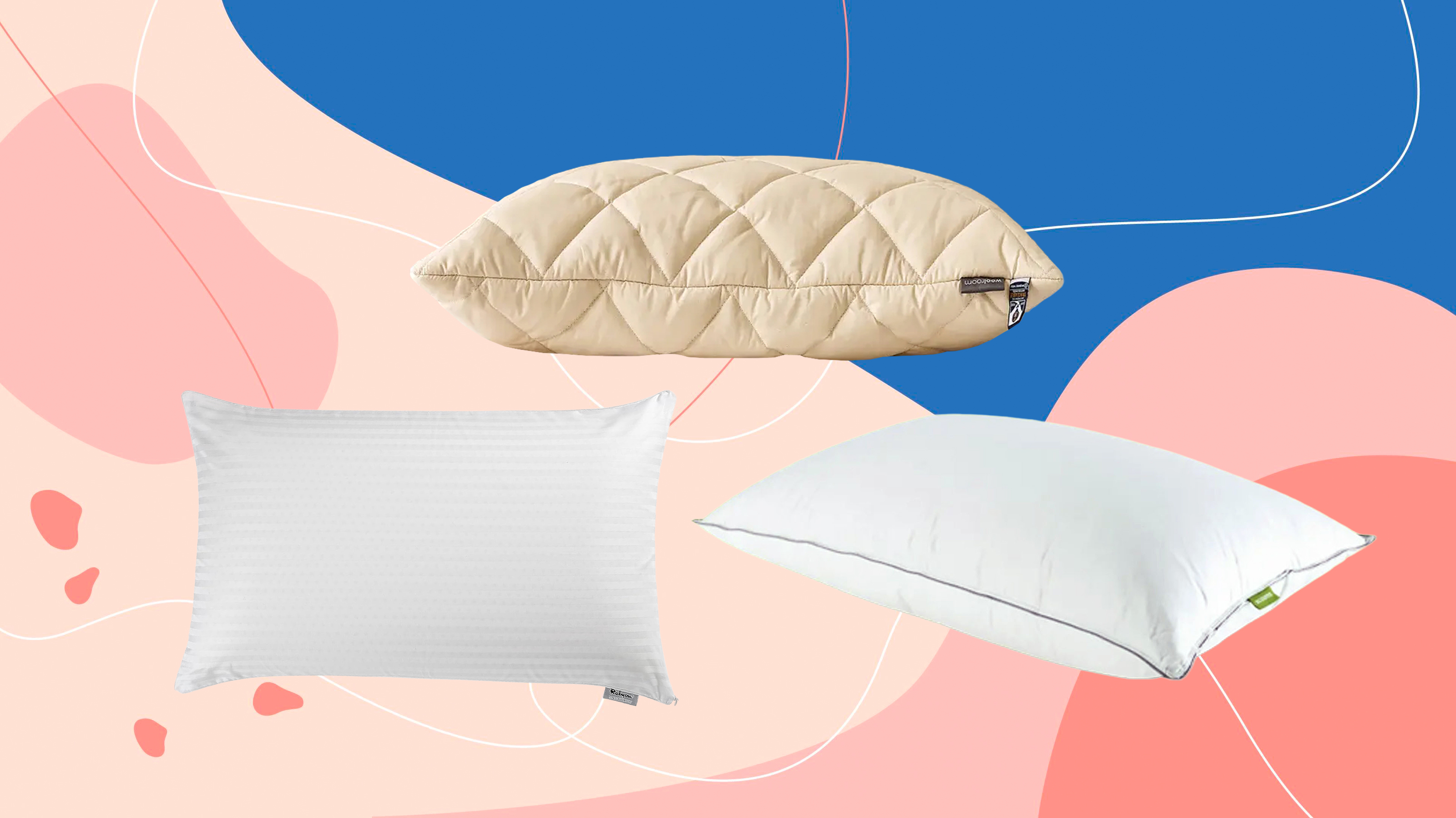 Three of the best pillows Ideal Home has tested on a pink and blue background
