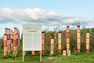 Clay towers of art installation in vineyard, with explanatory sign