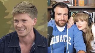 Robert Irwin in TODAY Show interview/ Travis Kelce and Taylor Swift on New Heights podcast. Taylor is leaning on Travis's shoulder (side by side image) 
