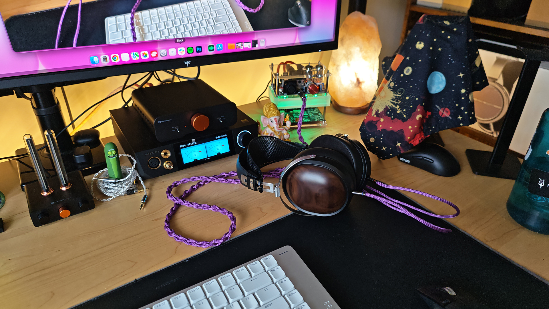 Wired and Wireless headphones on desktops.