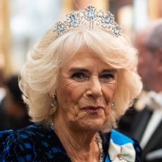 Queen Camilla pays tribute to Queen Elizabeth by wearing the late queen's rare Aquamarine Ribbon Tiara to attend the Diplomatic Corps Reception at Buckingham Palace