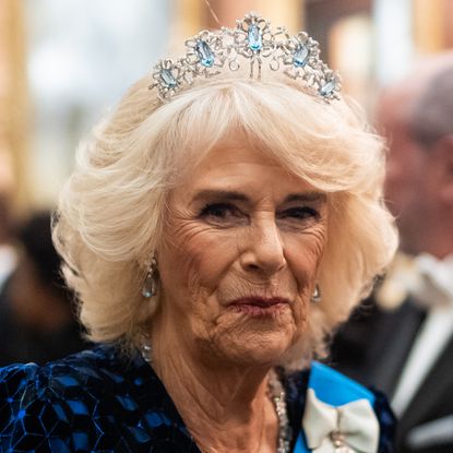 Queen Camilla pays tribute to Queen Elizabeth by wearing the late queen's rare Aquamarine Ribbon Tiara to attend the Diplomatic Corps Reception at Buckingham Palace