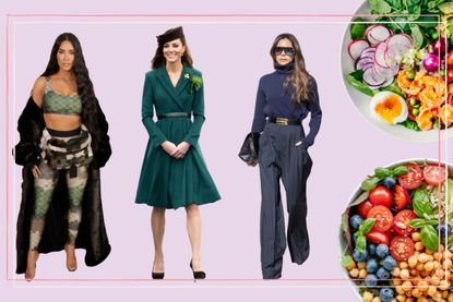 A collage of Kim Kardashian, Kate Middleton and Victoria Beckham next to two bowls of salad