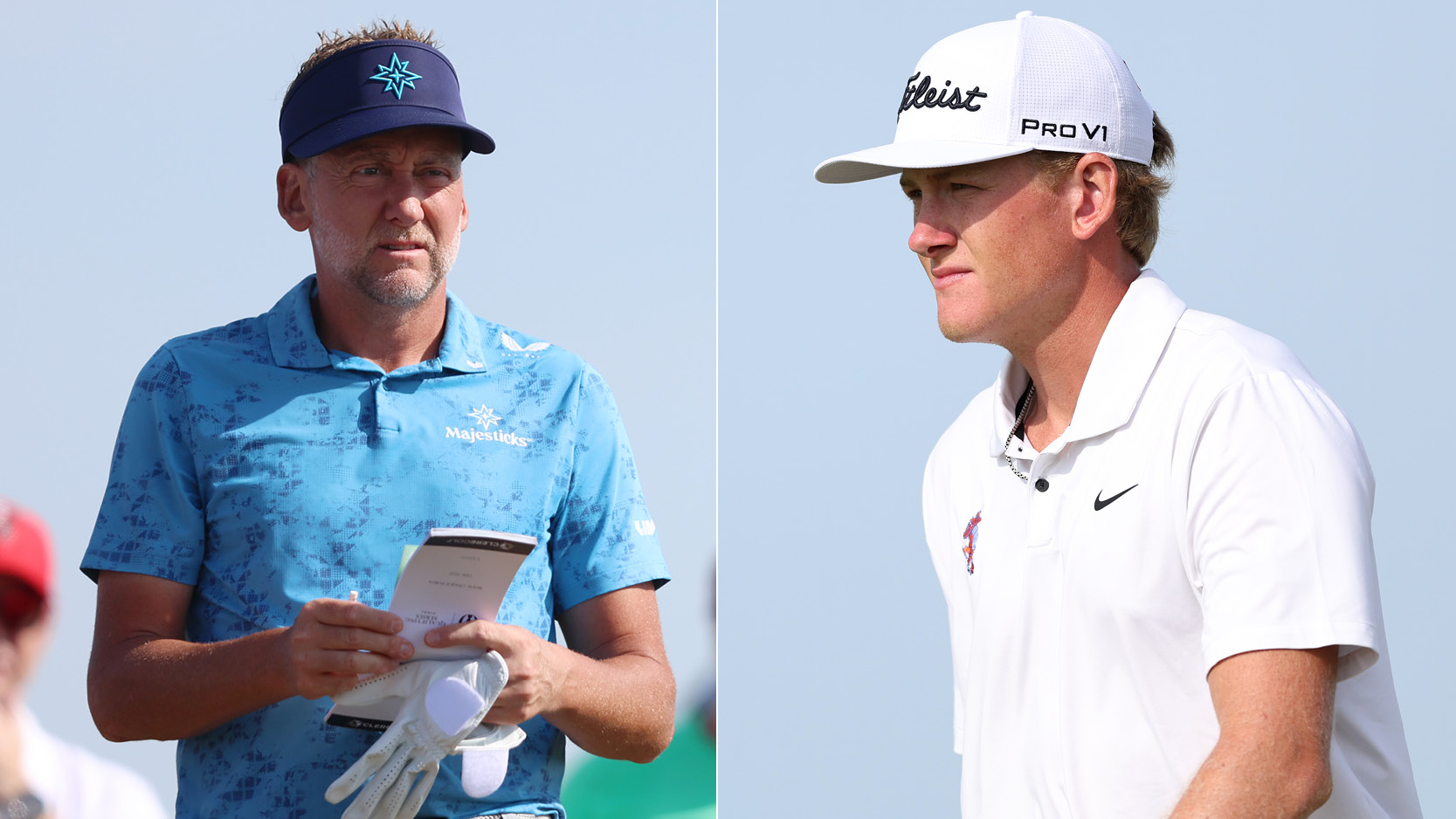 Ian Poulter looks at a yardage book, Luke Poulter walks on