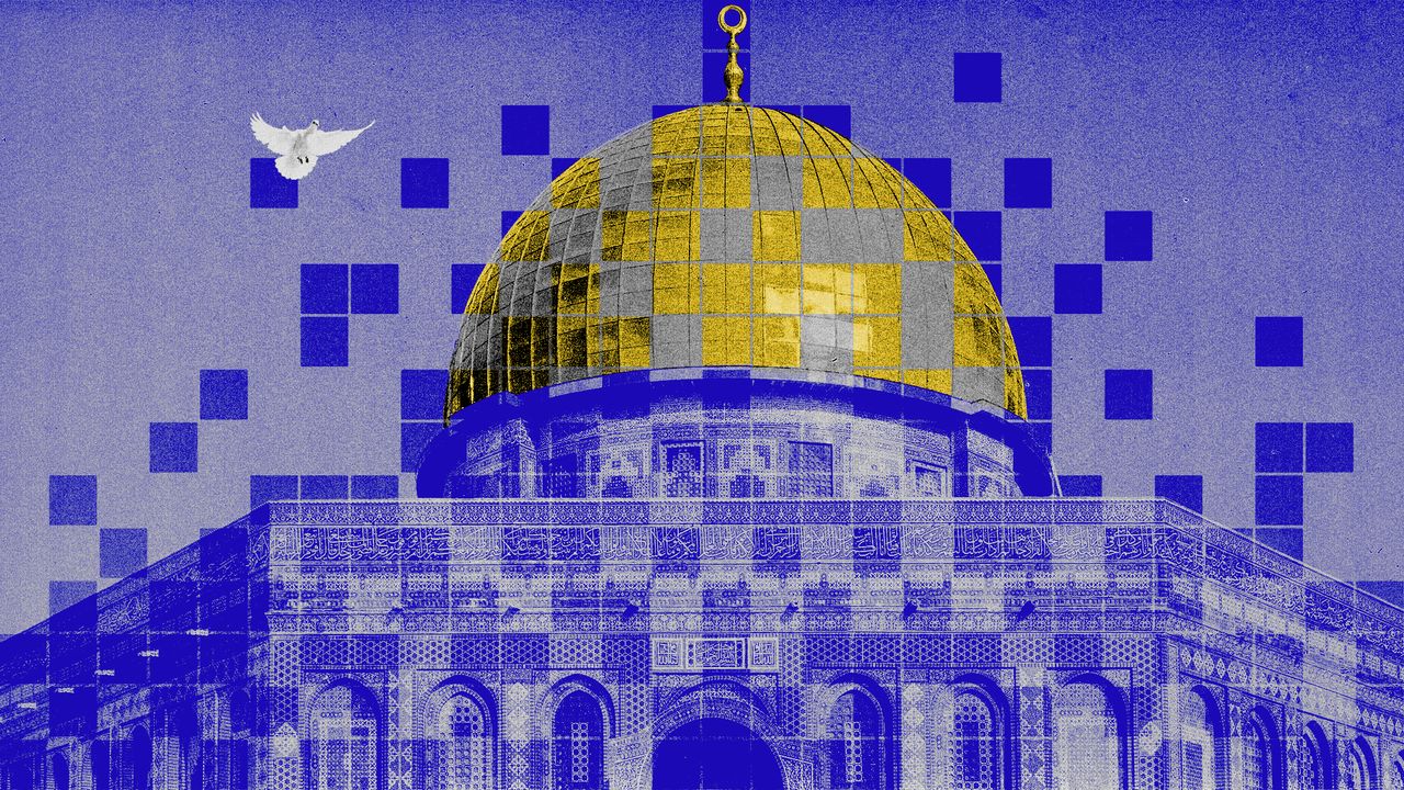 Photo composite of Al Aqsa Mosque with a white dove flying overhead