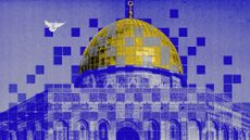 Photo composite of Al Aqsa Mosque with a white dove flying overhead