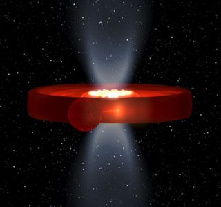 This image is a simulation of the X-ray binary system Swift J1357.2-0933, a black hole and star system, in which the effect of a strange, vertical mystery structure are at their minimum.