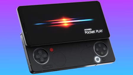 The Ayaneo Pocket play smartphone floats in a pink-blue gradient void.