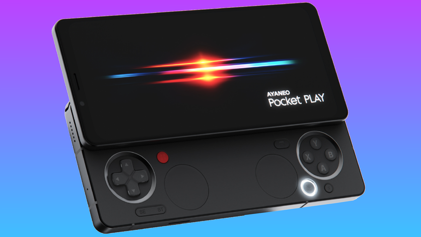 The Ayaneo Pocket play smartphone floats in a pink-blue gradient void.