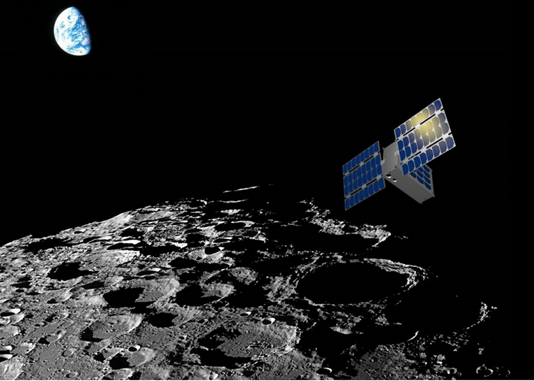 An illustration of NASA's small LunaH-Map satellite in orbit around the moon.