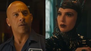 A side-by-side of Vin Diesel in Fast X looking up and Gal Gadot in Snow White looking to her left.