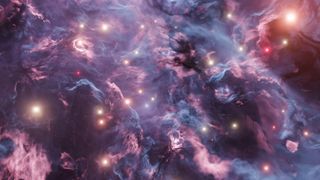 purpleish gas clouds against starry background