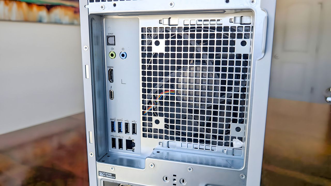 A closeup of the Dell Tower Plus EBT2250's back fan and ports.