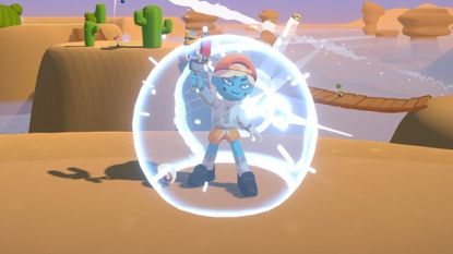 Blue-skinned character wearing backwards hat is protected by illuminous orb while smirking and raising up weapon with one hand