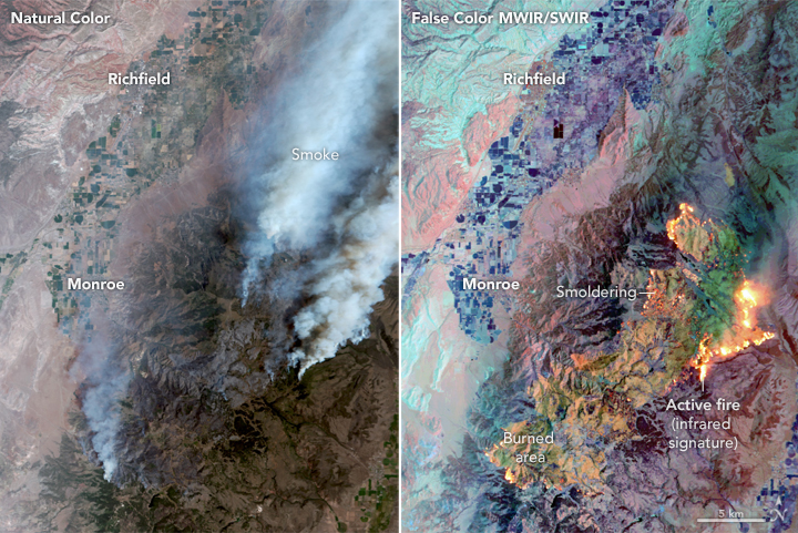a satellite image of a large fire, with a false color image on the right showing the extent of the burn