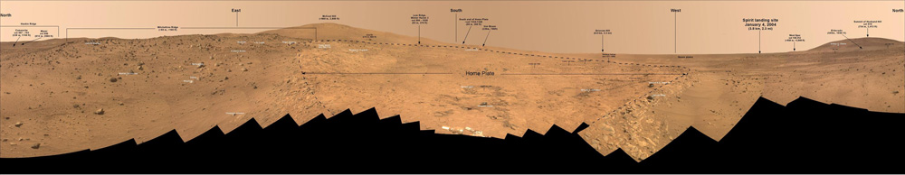 An image of Mars from the rover Spirit taken from a low Martian plateau called “Home Plate”, which is 260 feet in diameter.