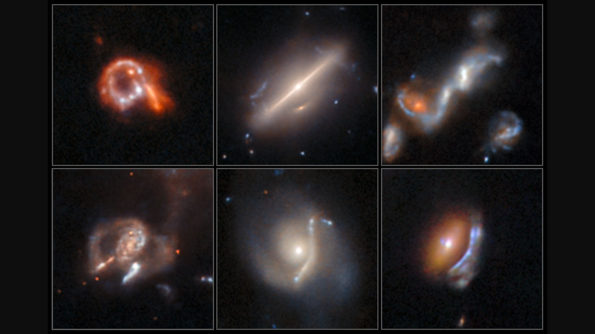A collage of six images, showing different kinds of &ldquo;anomalous&rdquo; astrophysical objects. These are galaxies with unusual shapes, among them a ring-shaped galaxy, a bipolar galaxy, a group of merging galaxies, and three galaxies with warped arcs created by gravitational lensing.