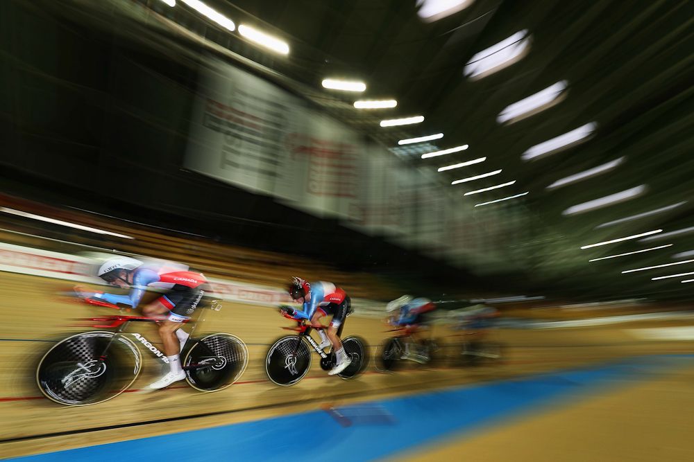 Derek Gee, Michael Foley, Adam Jamieson and Jay Lamoureux of Canada compete in the men's pursuit qualifying on day one of the UCI Track Cycling World Championships
