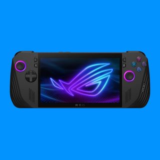 A promotional images of the Asus ROG Ally X handheld gaming PC against a blue background