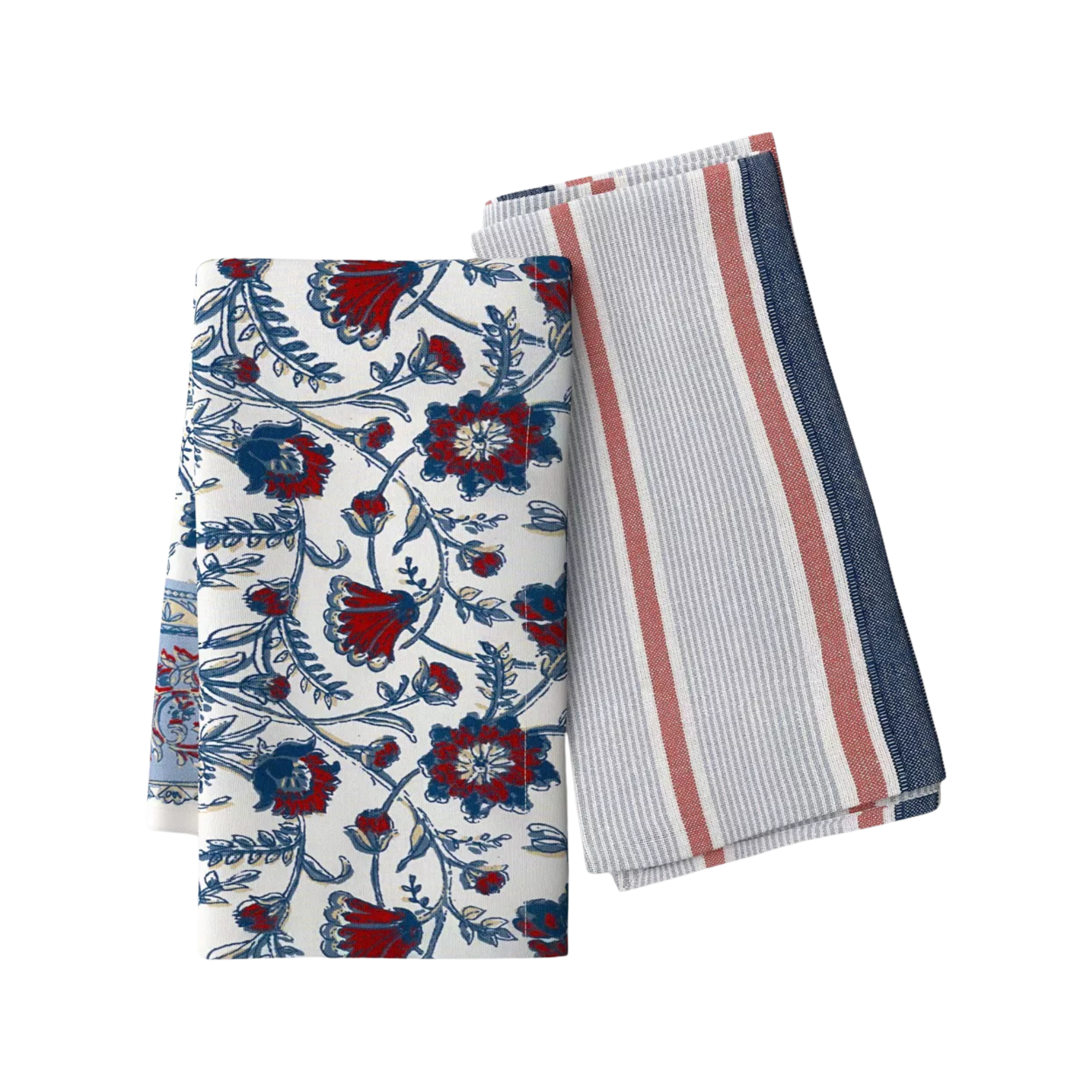 two linen napkins, one floral and one striped
