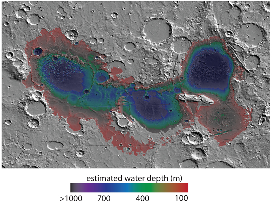 a map of Mars showing various craters and an area marked in reds, blues and purples showing where an ancient lake used to be. the different colors correspond to different depths