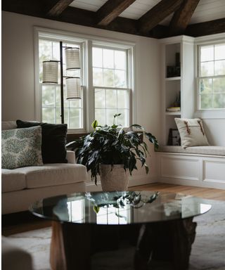 Neutral living room with wooden beams, white linen sofa, wooden glass coffee table and large potted plant